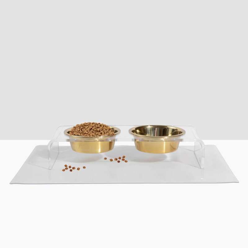 Clear Elevated Feeder with Gold Bowls, 1.5 cups