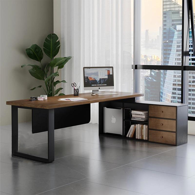 Bureau brun clair + bois massif rectangulaire noir + bureaux en fer, Retour à droite, H 29,53 po x l 70,87 po x P 27,56 po