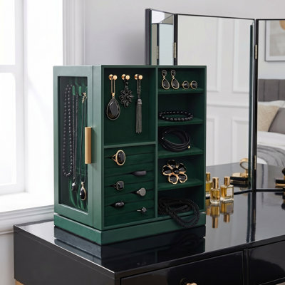 Boîte à bijoux rotative à 360 ° - Boîte de rangement de bijoux verticale avec 5 tiroirs, organisateur de fenêtre en verre avec design ouvert, rangement pour bijoux spacieux, grand cadeau, vert forêt