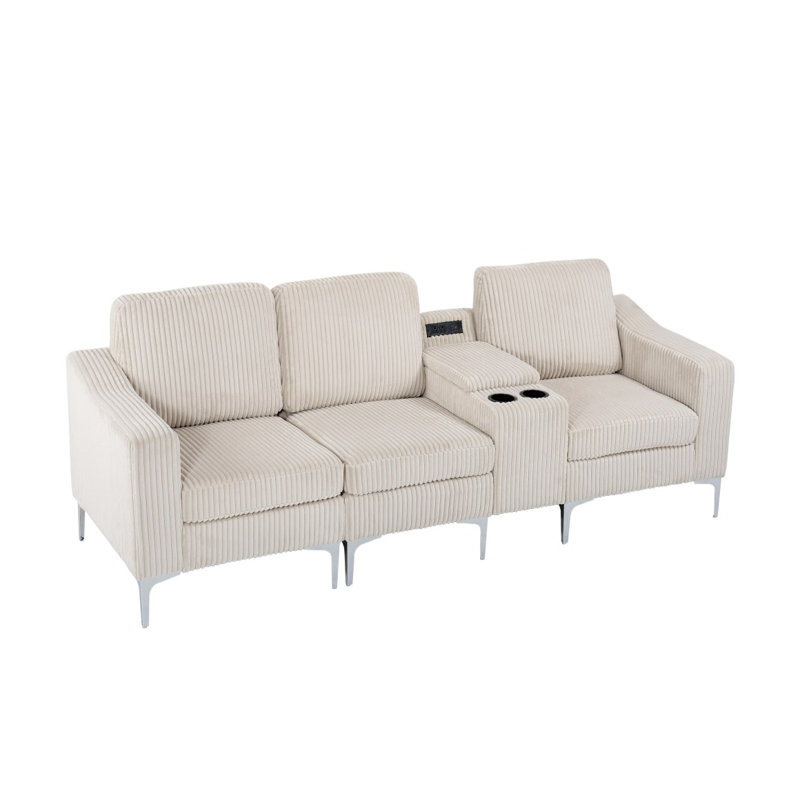 Canapé modulaire convertible en velours côtelé avec porte-gobelets, USB, trois places, Beige