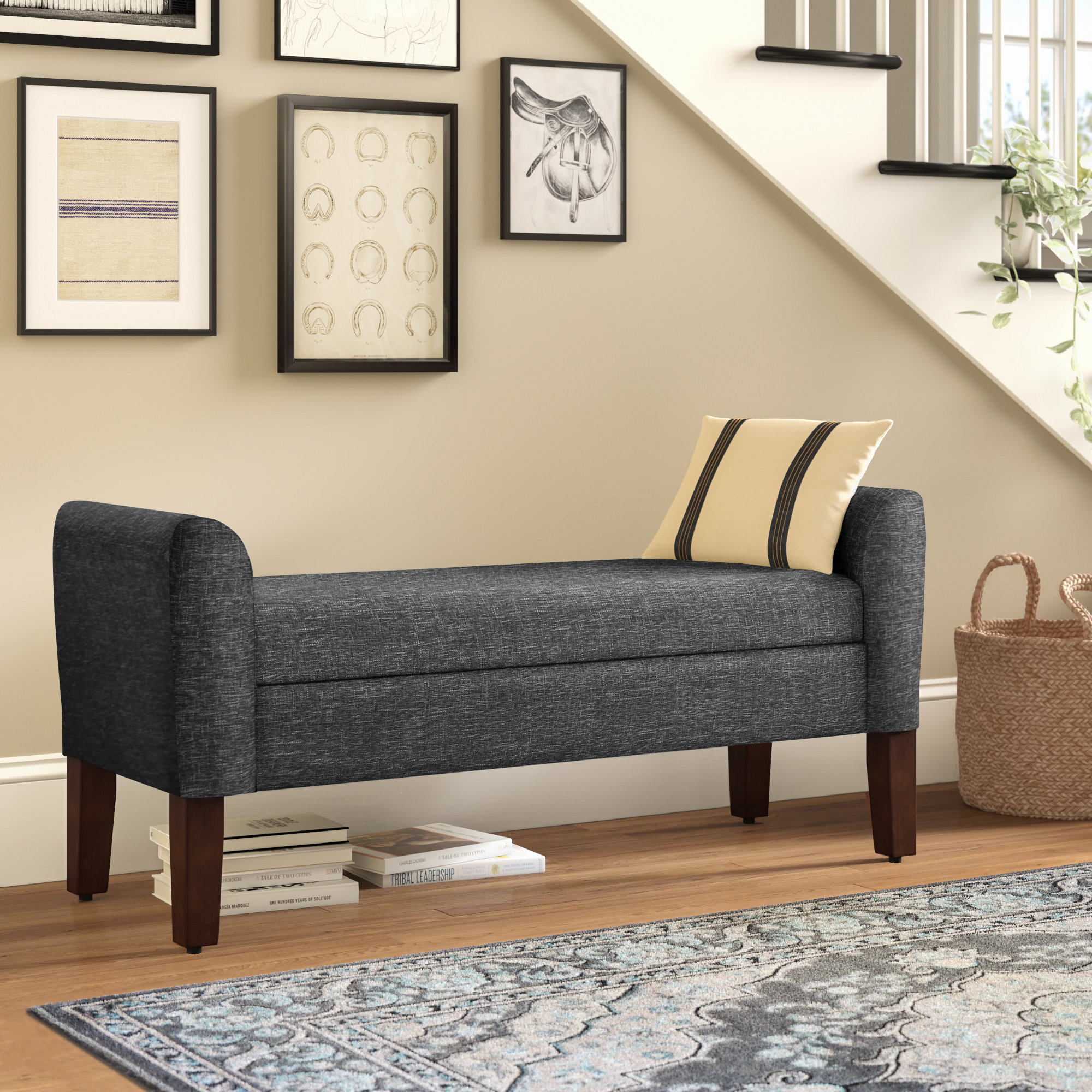 Upholstered storage discount bench with arms