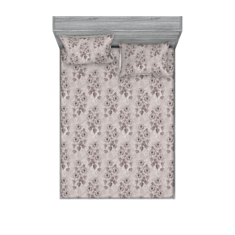 Ambesonne Fitted Sheet & Shams, California King Sheet Set with 2 Pillowcases, Pale Taupe/Dark Eggshell Flower