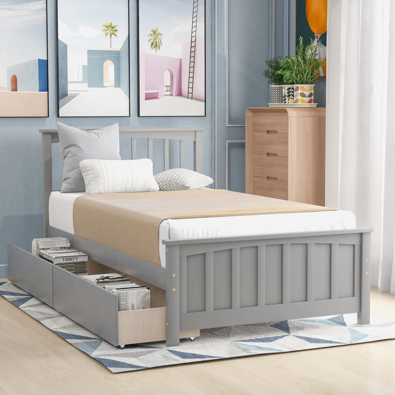 Lit plateforme simple avec deux tiroirs, gris