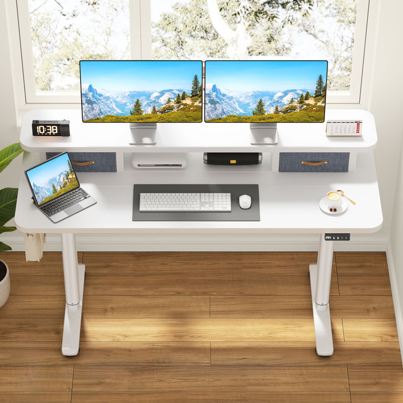 Bureau de jeu debout à hauteur ajustable avec deux tiroirs, Blanc / Blanc, L 55 po x P 23,6 po
