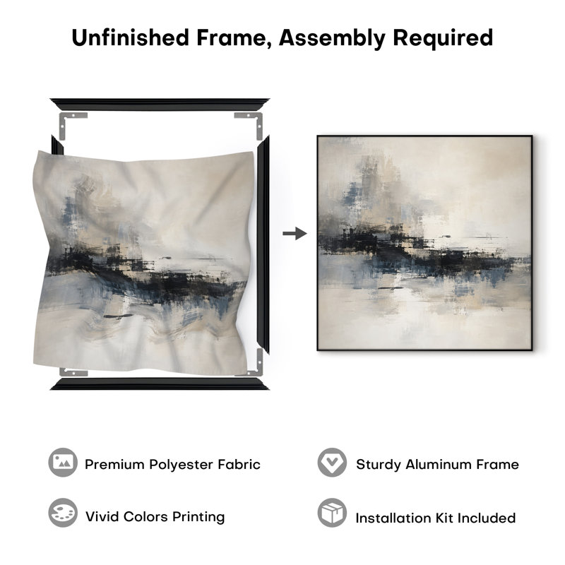 Impression sur tissu grand format - Design abstrait minimaliste noir, gris et beige pour salon ou chambre - « Assemblage du cadre requis (cadre non fini) »