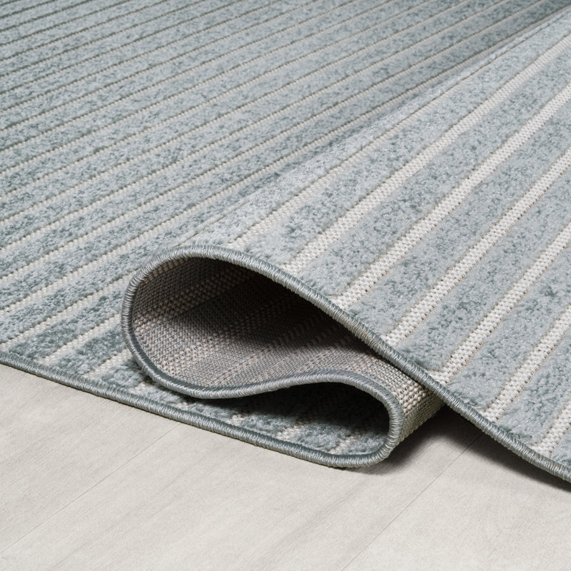 Ryansh High-Low Minimalist Scandi Striped Blue/Ivory Indoor/Outdoor Rug, Rectangle 7'10" x 10'