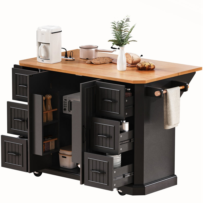 56 Inch Kitchen Island With Rubber Wood Veneer Drop Leaf, Power Outlet, 4 Door Shelves, Embossed Vertical Stripe Rolling Kitchen Cart On 4 Wheels With 6 Deep Drawers For Kitchen,Dining Room