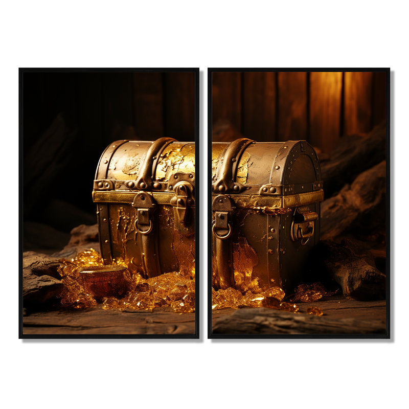 Pirates Gold Treasure 1 - Blue Modern Wall Art 2-Pieces, Black, 36" H x 48" W, Framed Print without Mat
