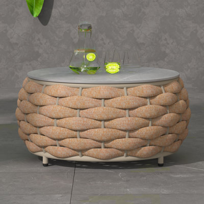 Table basse d'extérieur ronde entièrement assemblée avec plateau en tuiles de marbre et corde en textilène, structure en aluminium pour patio, porche, moka de jardin