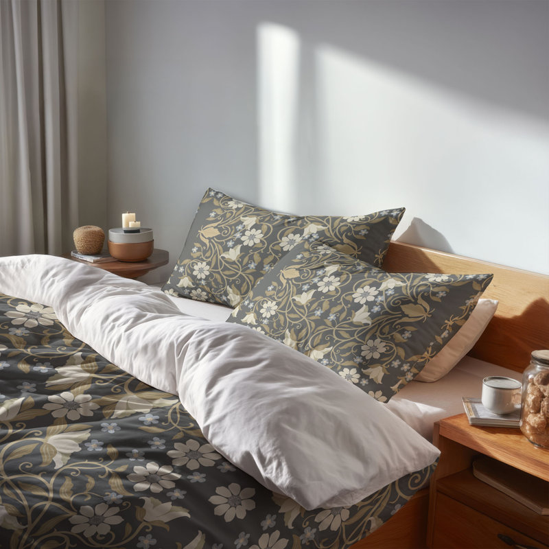 Ensemble d'édredon léger Colette, Édredon grand + 2 taies d'oreiller standard, Floral gris anthracite