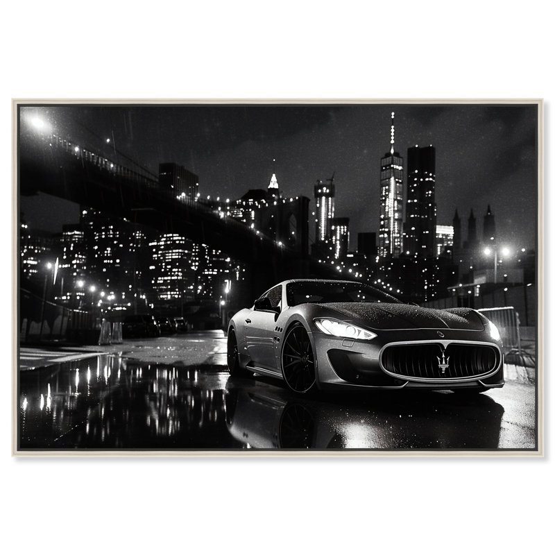 «Noir City Drive», art mural noir et blanc pour hommes par Notoriart, Cadre argenté, H 25 po x l 37 po