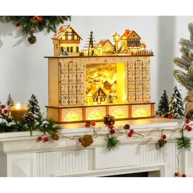 Table de Noël illuminée, décoration de Noël en bois, calendrier de l'Avent de Noël avec tiroir compte à rebours, village
