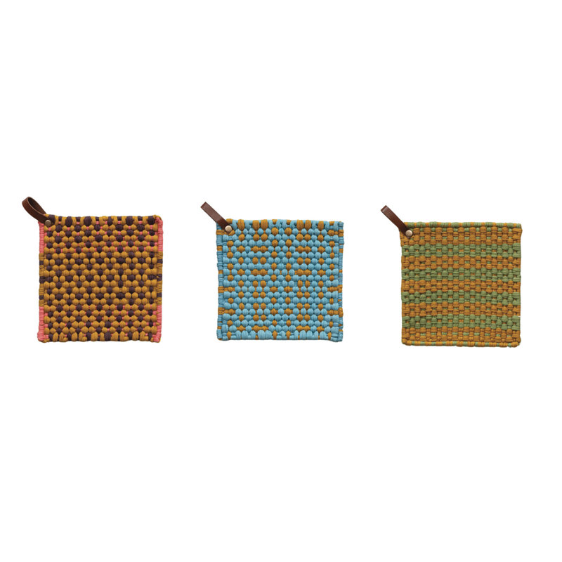 Multi-Tone Cotton Crocheted Pot Holder With Leather Loop, Yellow/Green/Pink/Black