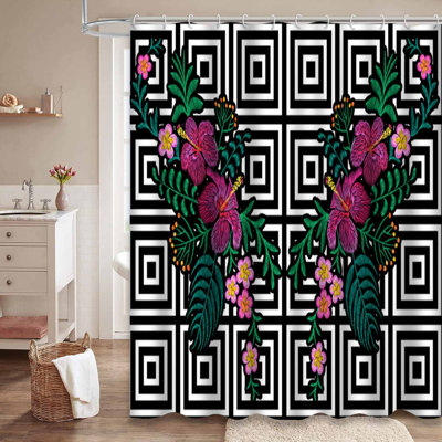Waterproof Black White Stripe Palm Leaf Tropical Hibiscus Shower Curtain with 12 Hooks