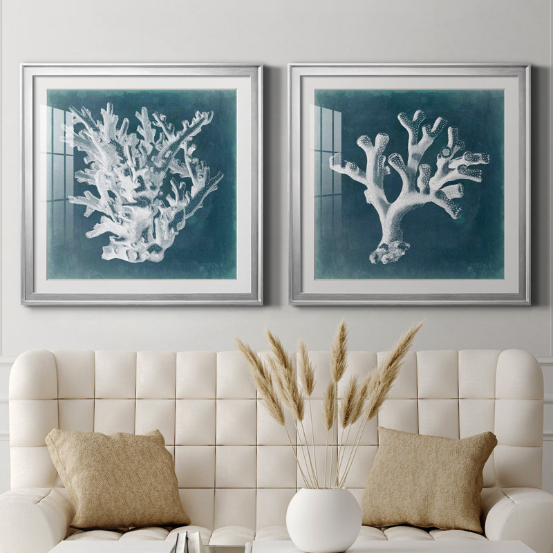 Azure Coral I - ensemble de 2 cadres photo, H 26,5 po x l 53 po x P 1,5 po, Papier avec cadre argenté