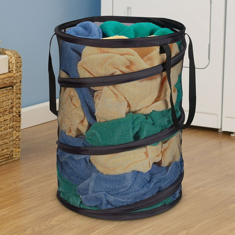 Pop‑Up Mesh Laundry Hamper in Springform Steel Frame with Mesh Lining for Compact Storage, Black