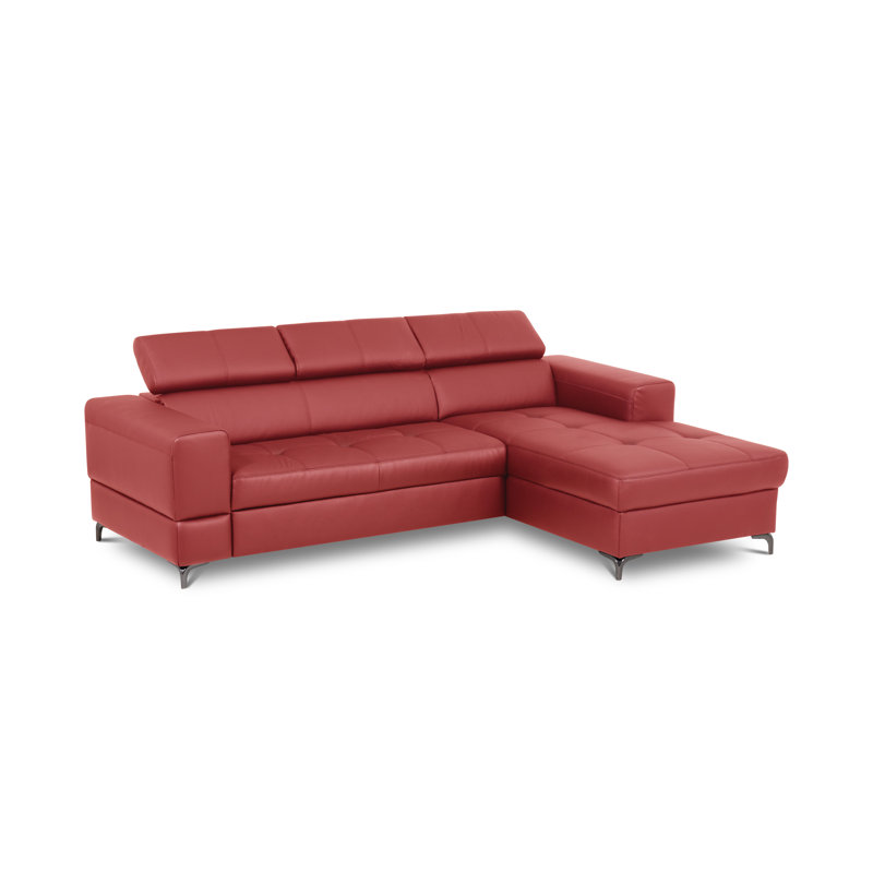 Tinos Genuine Leather Corner Sofa with Pull Out Bed with Storage and Adjustable Headrests, Red, Right Hand Facing