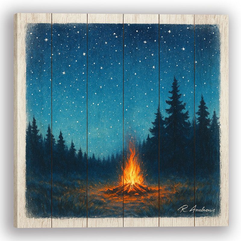 Fireside Nightfall – Rustic Campfire Canvas Art on Wood Planks