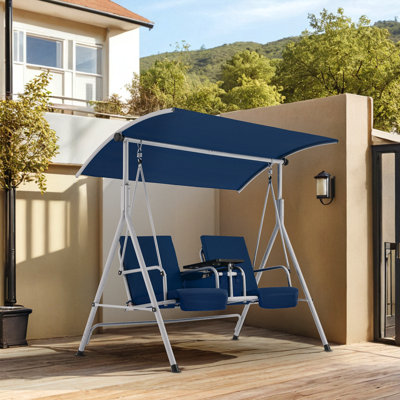 2-Seat Patio Porch Swing with Stand, Adjustable Canopy and Cup Holder