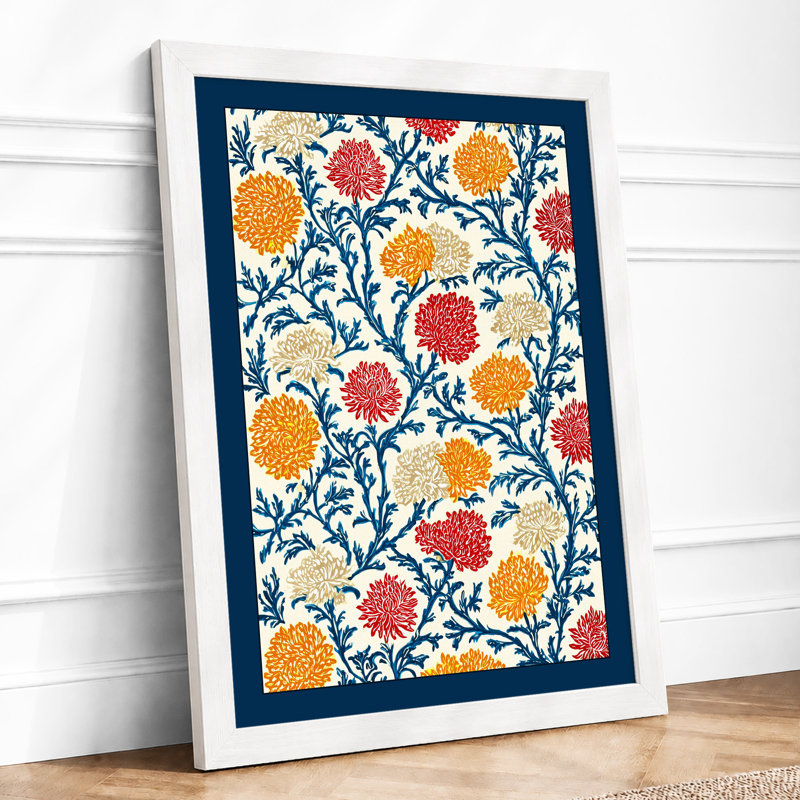 Chrysanthemum Textile Botanical 1 Piece Single Picture Frame Wall Art, A3 - 42.0 x 29.7 cm, White