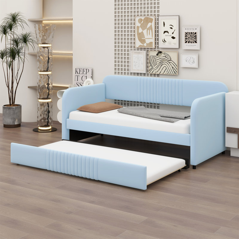 Upholstered Daybed Sofa Bed With Trundle Bed, Light Blue