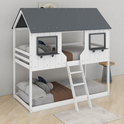 Twin Over Twin Size Playhouse Bunk Bed With Roof And Window