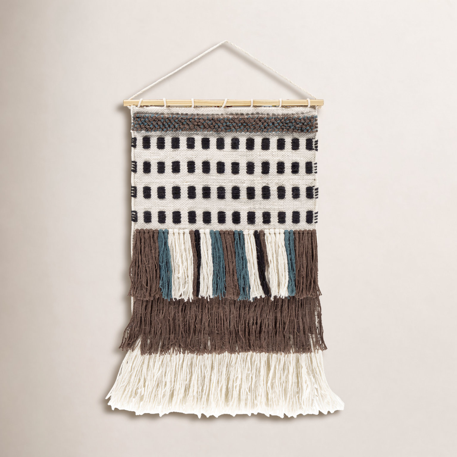 Maride Hand Woven Blended Fabric Wall Hanging - Rod Included, Brown/Light Beige/Black/Deep Teal/Cream
