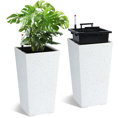 Set of 2 Tall Outdoor Planters with Self-Watering System - Square Garden Pots with Wheels & Water Level Monitor - Large Indoor/Outdoor Flower Pots with Drainage & Inner Bucket