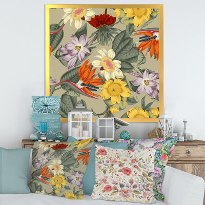 Fleurs exotiques rétro en orange et jaune - peinture sur toile
