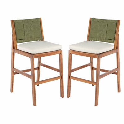Tabourets de bar d'extérieur en bois d'acacia (ensemble de 2), chaises de bar à hauteur de teck avec coussin et dossier en osier, tabourets à hauteur de comptoir pour patio, bord de piscine, îlot de cuisine