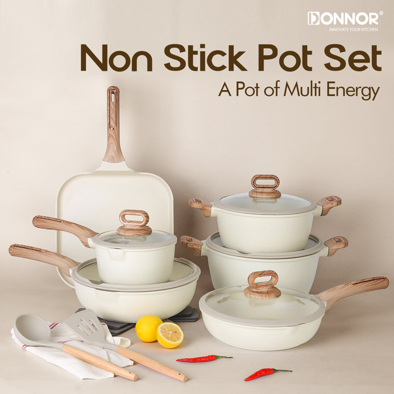 Ensemble de casseroles et de poêles, batteries de cuisine antiadhésives, ensemble de cuisine antiadhésif de 15 pièces, batterie de cuisine 3Q / 5Q / 8Q / 12Quart, poêle à sauter profonde