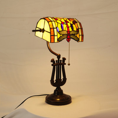 14 " H Tiffany Style Bankers Lamp, Stained Glass Butterfly Design Table Lamp With Pull Chain Switch