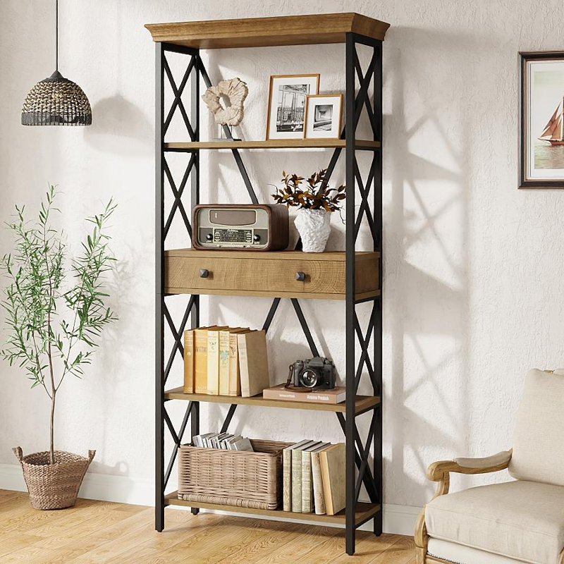 Bibliothèque industrielle avec tiroirs, bibliothèque ouverte de 70,9 po de hauteur et cadre en X stable pour le salon, le bureau et la chambre à coucher