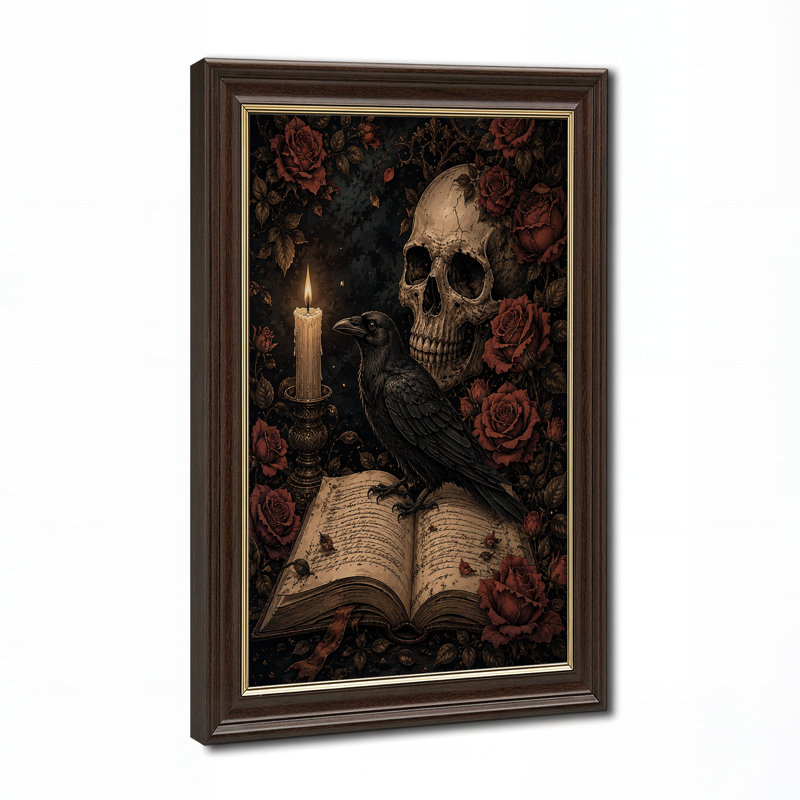 Impression sur toile, crâne gothique et corbeau noir debout sur Halloween antique, H 18 po x l 12 po