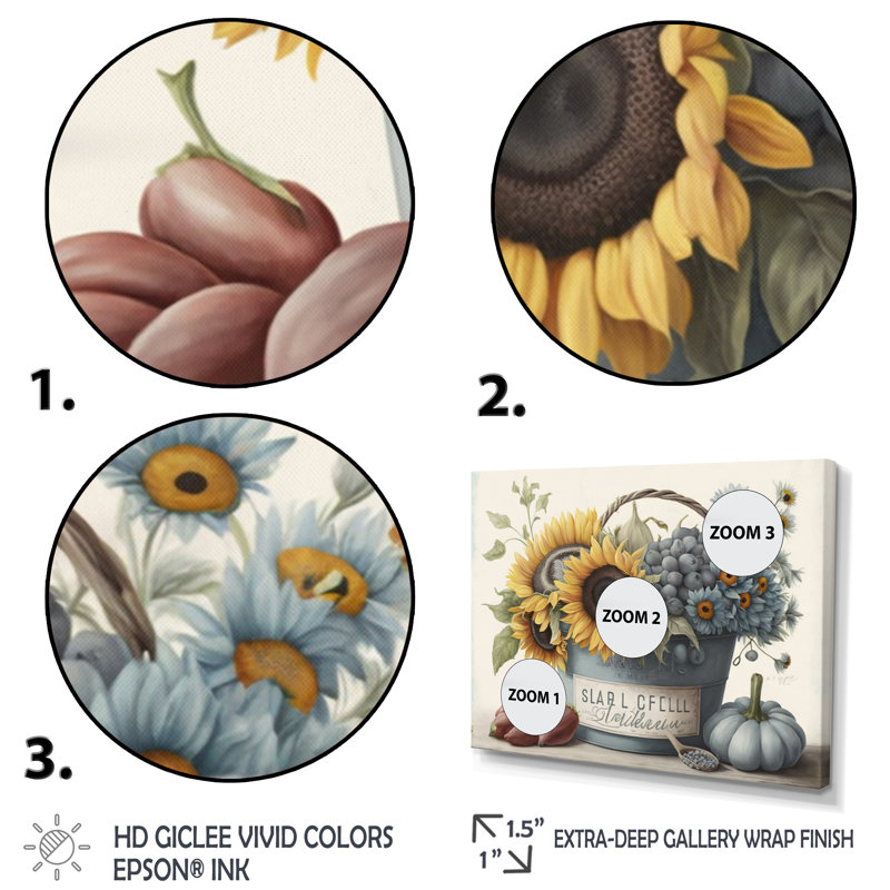 Fruit in basket V - Art mural, impression sur toile tournesol, 24" H x 32" W, Cadre flottant doré