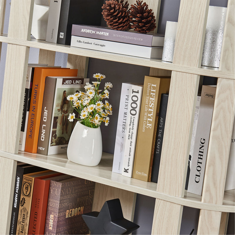 Bibliothèque ovale en bois ouverte, bibliothèque autoportante à cadre en panneau de fibres à densité moyenne, support de rangement à 5 niveaux facile à assembler pour le salon, décoration de bureau à domicile