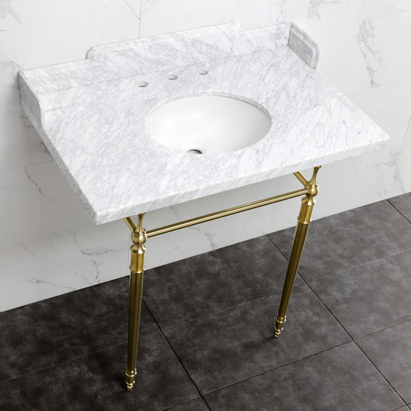 Kingston Brass Habsburg 36-Inch Carrara Marble Console Sink with Brass Legs (8-Inch, 3-Hole), Marble White/Brushed Brass