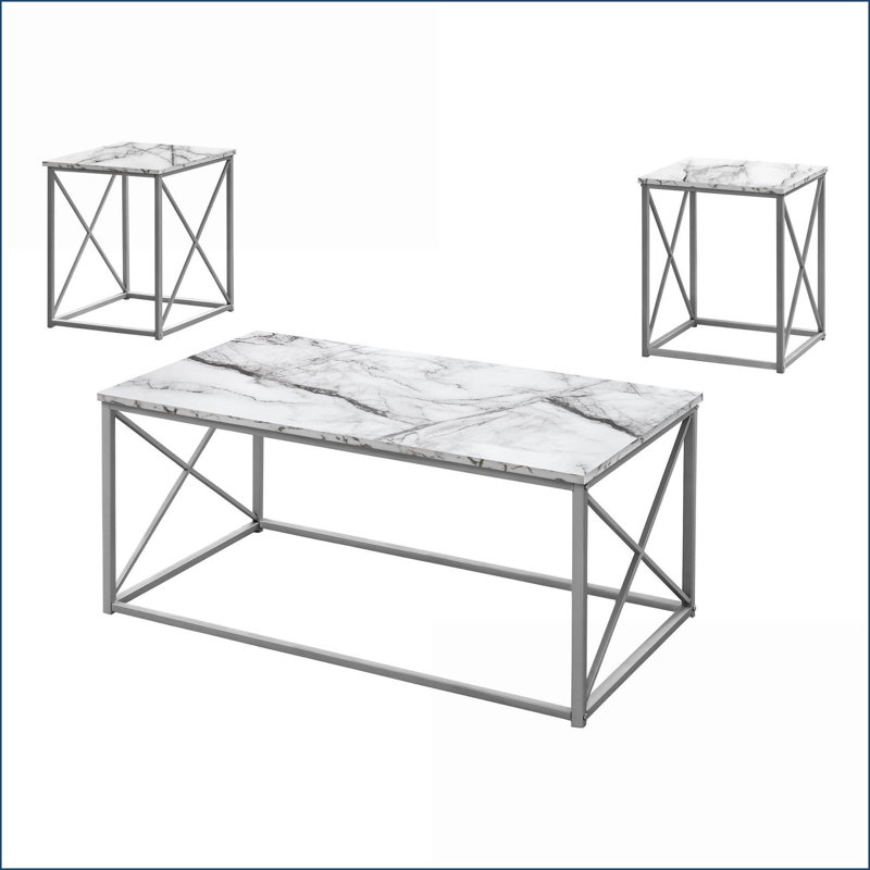 Ensemble de tables basses 3 pièces en métal gris avec aspect marbre blanc - Robuste Spacieux pour le salon