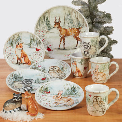 Winter's Walk 16-Piece Dinnerware Set – Includes 4 Dinner Plates, 4 Dessert Plates, 4 Mugs, 4 Ice Cream Bowls – Woodland Animal Design, Durable, Microwave & Dishwasher Safe – Perfect for Holiday Dining