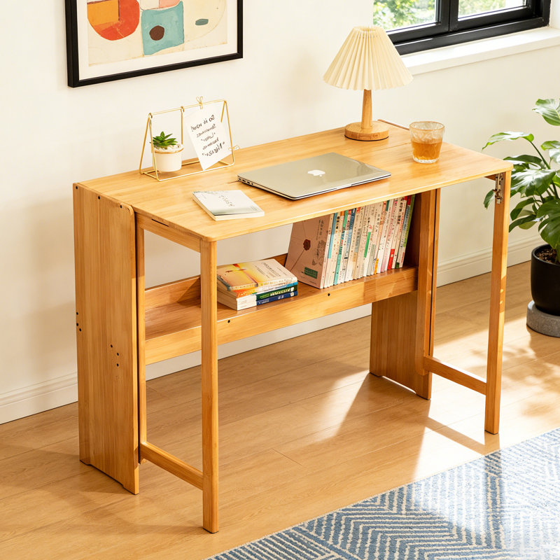 Wosnda Bamboo Folding Desk with Storage Shelf Space Saving for Home Office, Natural Wood