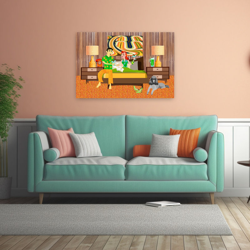 Retro Couple'S Sweet Escape Colorful Modern Retro Dog Architecture Wall Art Print 1 Piece Wrapped Canvas Wall Art