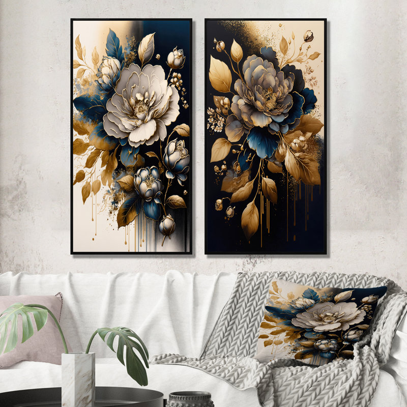 «Black and Gold Camellia Bouquet I», 2 pièces sur toile, Cadre noir, H 32 po x l 32 po