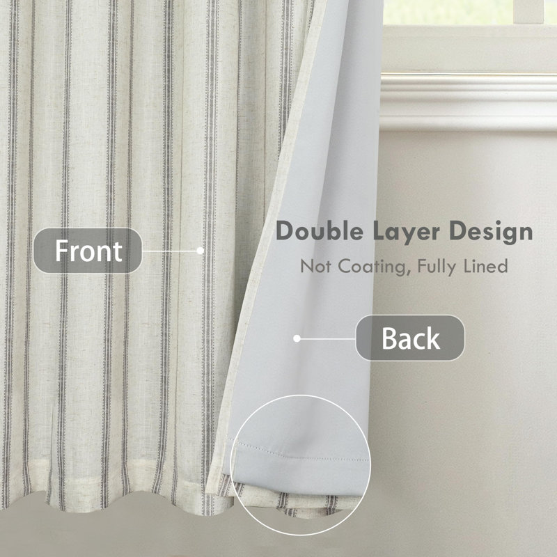 Blackout Curtain Pair, 52" W x 108" L, Gray Stripe/Light Linen-Back Tab