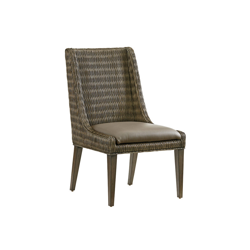 Gray Rattan Wing Back Side Chair with Synthetic Leather Seat