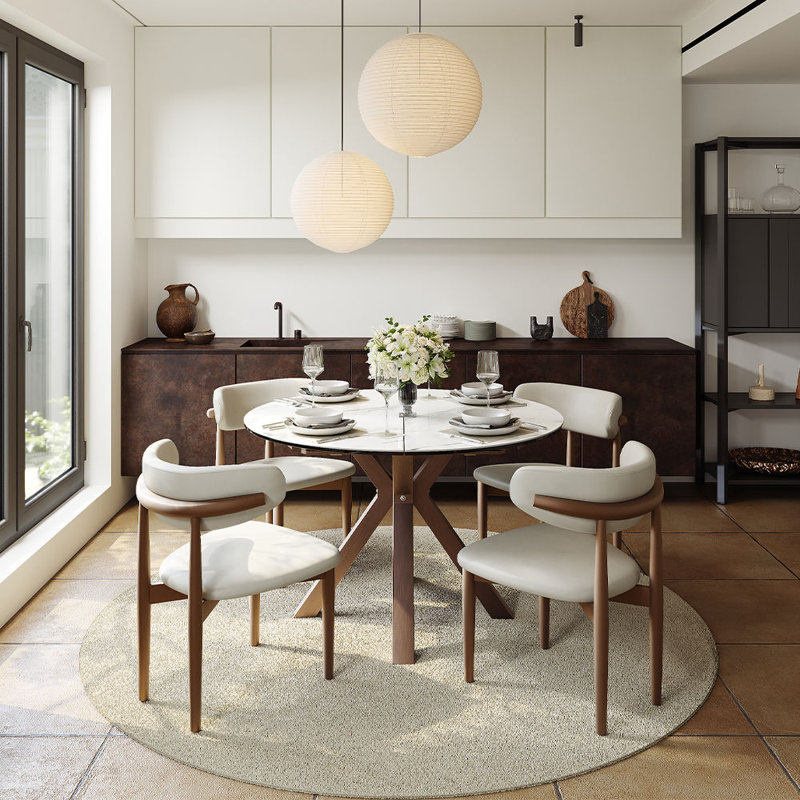 Ensemble de salle à manger moderne extensible 5 pièces pour 4-6, table en pierre blanche brillante (47 "-63") avec 4 chaises, solution de salle à manger peu encombrante