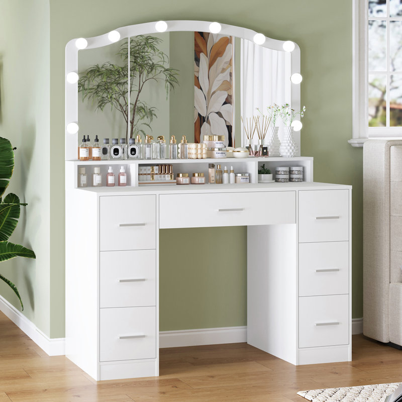 Ensemble coiffeuse Beaconfield avec lumières à DEL et cadeaux de Noël en miroir, Blanc