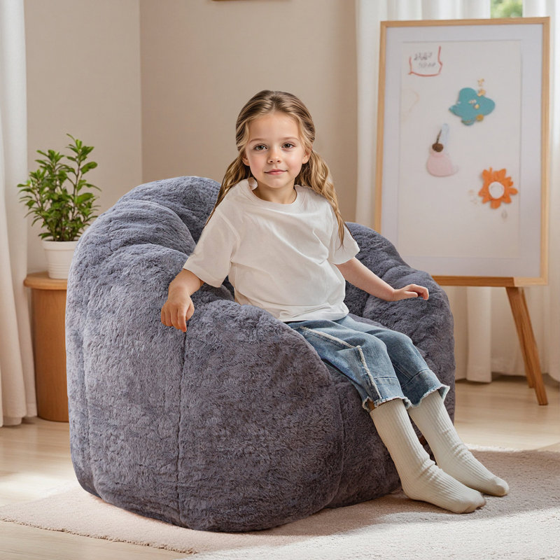 Floral Shaped Kids Bean Bag Chair, Gray Faux Fur