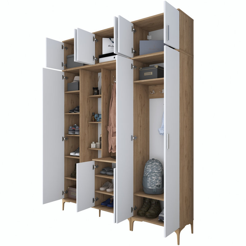 Meuble de couloir moderne avec rangement, noyer et blanc, 70,9 po x 94,5 po x 14,8 po | Panneau de particules 100% mélamine de qualité E1, épaisseur: 0,7 pouce | Organisation élégante du vestibule et conception peu encombrante