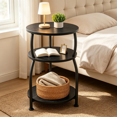 Table d'appoint ronde à 3 niveaux avec rangement, table de chevet compacte pour petits espaces, table d'appoint robuste pour la chambre à coucher du salon, table de coin industrielle en bois