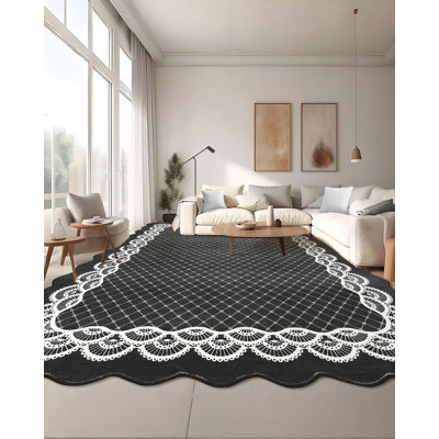 Tapis modernes à bordure festonnée lavables à la machine, tapis décoratif contemporain antidérapant, tapis intérieur doux à poils courts et sans perte pour le salon, la chambre à coucher et la cuisine